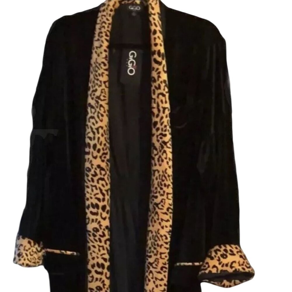 gigio Womens Velvet Duster Cardigan With Leopard Trim kimono with‎ pockets maxi